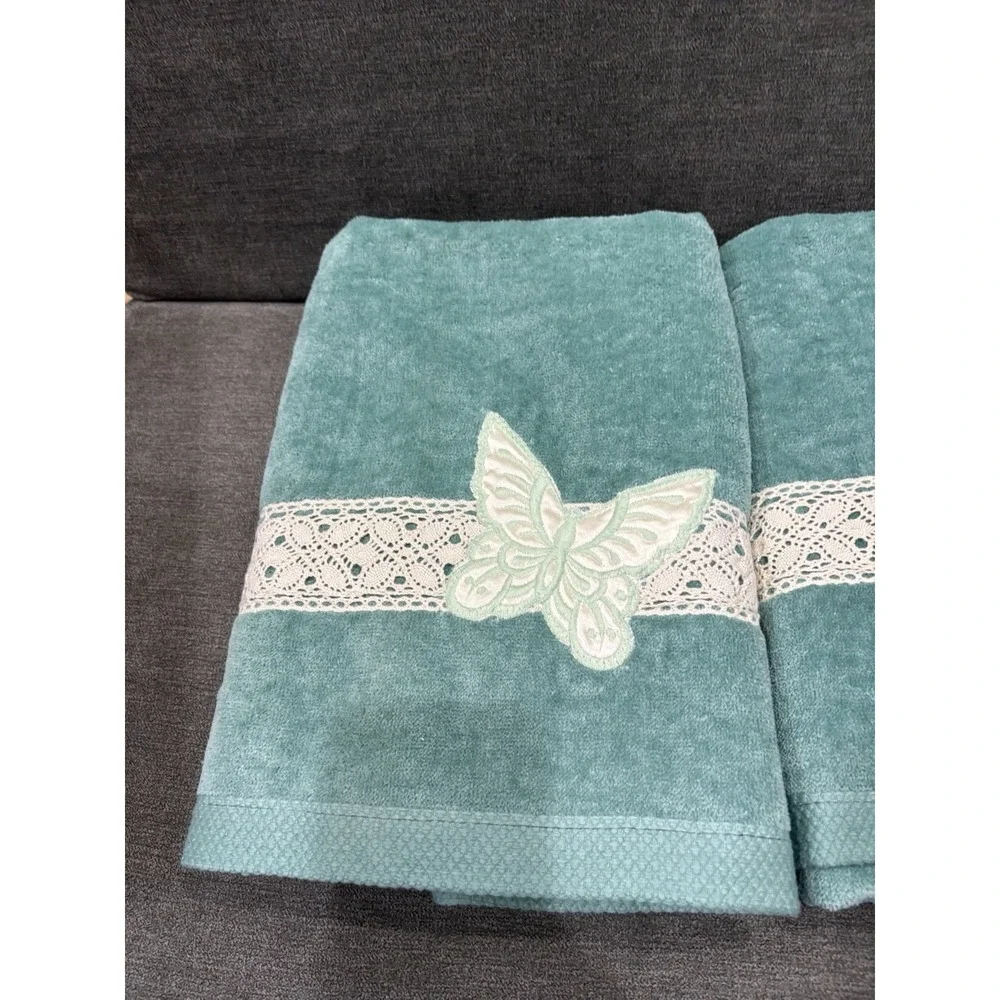 Vintage Butterfly Set 2 Wash Cloth 2 Hand 2 Bath‎ Lot Teal Blue Good Condition